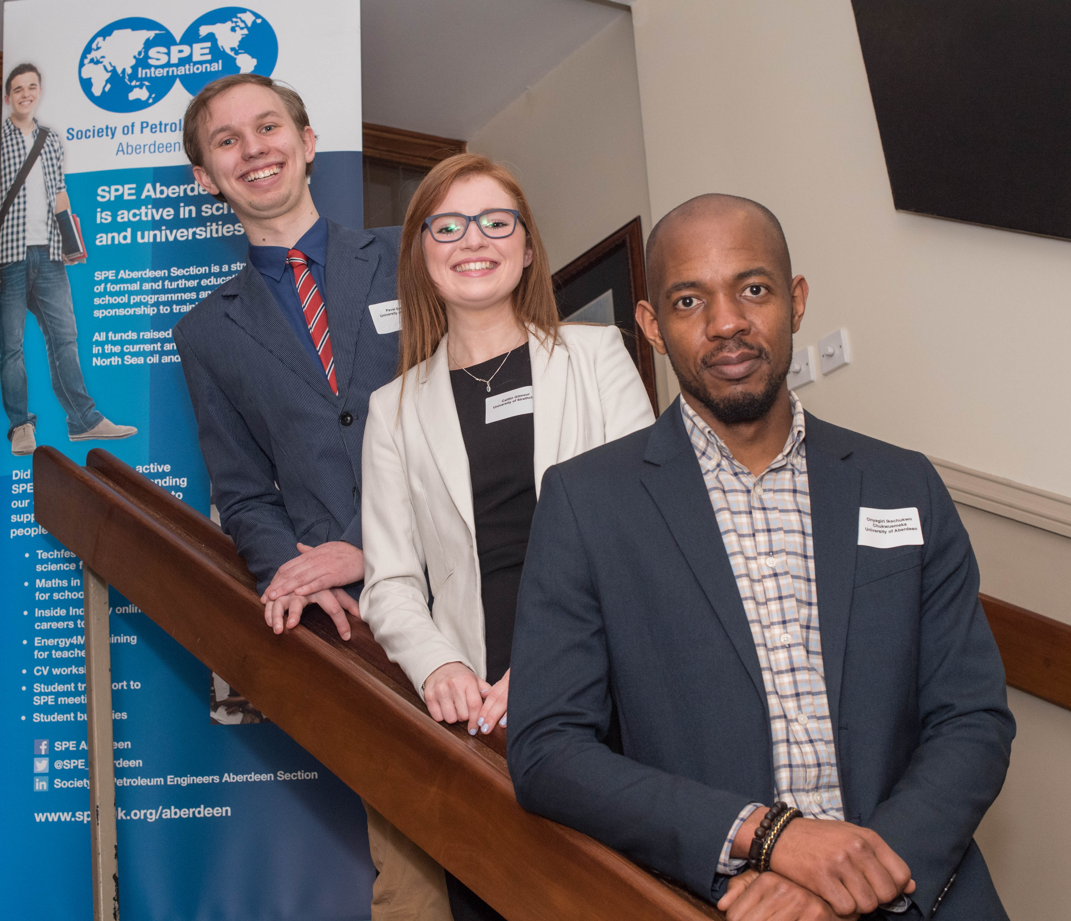 Aberdeen,  Scotland, Wednesday 28th March 2018 SPE Aberdeen Bursaries Presentation at Douglas Hotel, Aberdeen. Pictured is: Pavel Solovjov, Caitlin Gilmore, Onyegiri Ikechukwu, recipients of the top bursaries Picture by Michal Wachucik / Abermedia